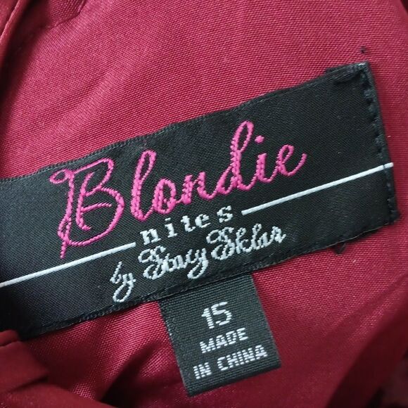 Blondie Nites Elegent cherry Red Satin/embrodery V Neck Evening Gown sz 15 Fairy - Picture 17 of 17